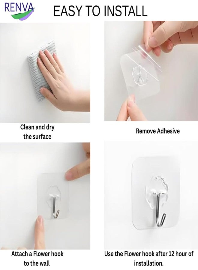 RENVA 20 PCS Adhesive Hooks Kitchen Wall Hooks,Heavy Duty 10 Kilograms(Max) Nail Free Sticky Hangers with Stainless Hooks Waterproof and Oilproof Reusable Utility Towel Bath Hook (Flower Hook, 20) - Image 3